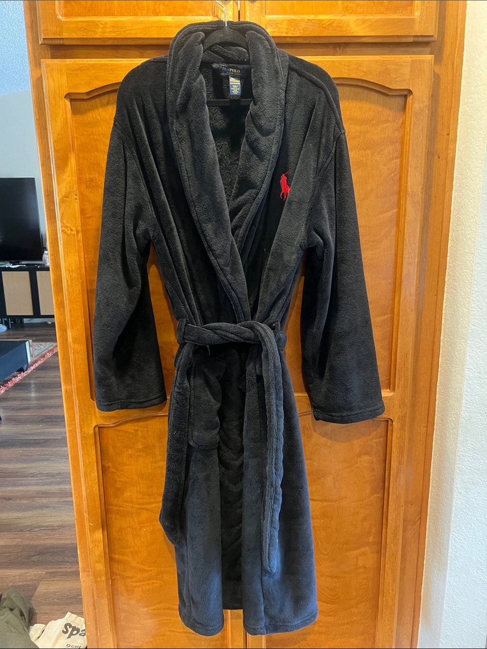 Ralph Lauren Black Terry Robe with Red Pony Logo
